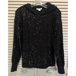 Calligraphie Sequin Knit Sweater Long Sleeve Hood Size M Lined